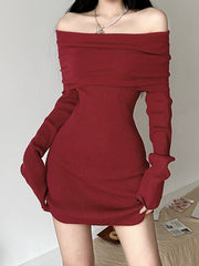 Red Slash Neck Slim Sweater Dress mysite