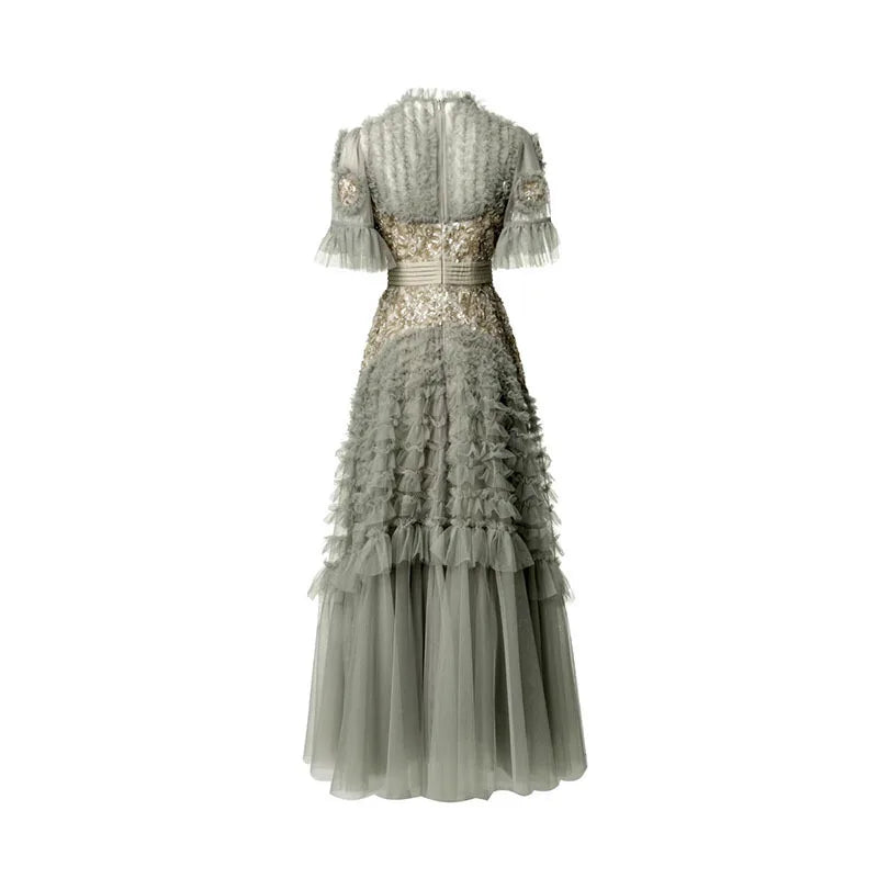 Fashion Women Dress Short Sleeve Round Neck Lotus Leaf Edge Lace Splicing Sequins Female Party Dress New Tide voguable