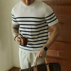 Summer Men's Clothing Light Luxury Knit O Neck Short-sleeved T Shirt Patchwork Korean Leisure Streetwear Retro Knitwear T-Shirt voguable