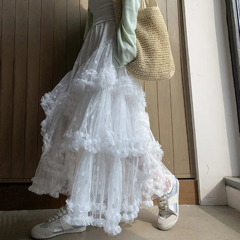Voguable  Elegant Long Multi Layer Mesh Skirt for Women Elastic Waist A-Line Summer Skirt Woman Sweet White Lace Patchwork Cake Skirts voguable