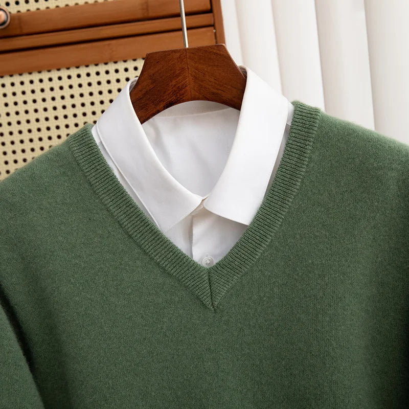 Men 100% Merino Wool Sweater V-Neck Pullover Autumn Winter Cashmere Warm Solid Knitwear Clothes Business Bottoming Soft Tops voguable