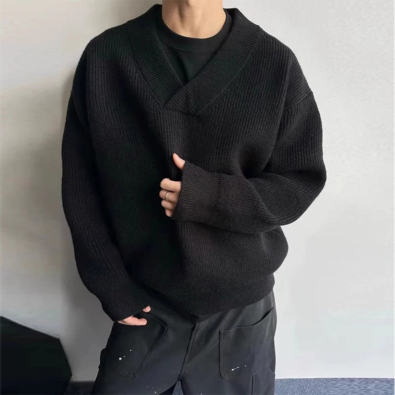 New American Vintge Men V Neck Sweaters Casual Drooping Solid Color Long Sleeve Knitwear Premium Quality Knitted Pullovers M-2XL voguable