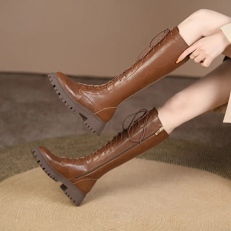 New Genuine Leather Lace-up Boots Women Zip Fashion Knee High Boots Thick Fur Winter Warm Motorcycle Boots Platform Boots voguable