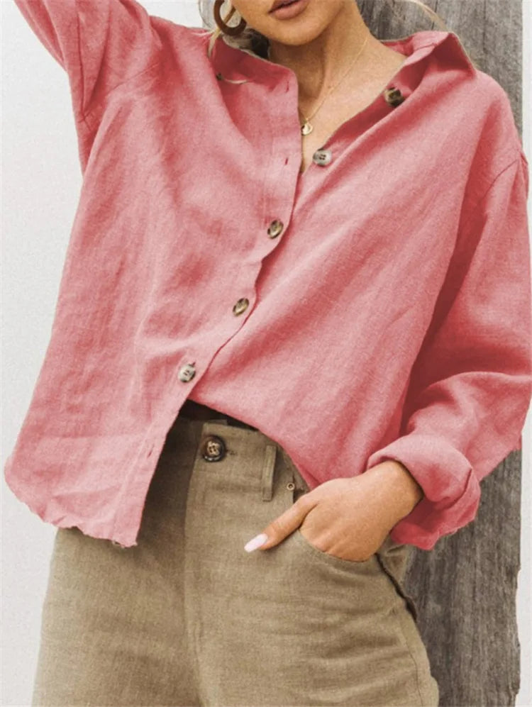 Voguable  Fashion Solid Color Loose Fit Simple Versatile Casual Women's Shirt Turn-dowen Collar Button Lightweight Long Sleeved Shirt New voguable