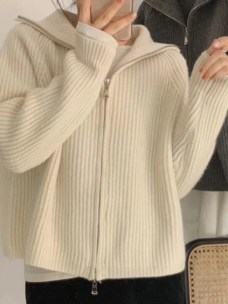 Voguable  Casual Knitted Cardigan Sweaters Women Autumn Vintage Zip-up Solid Loose Long Sleeve Tops Knitwear Chic Kpop voguable