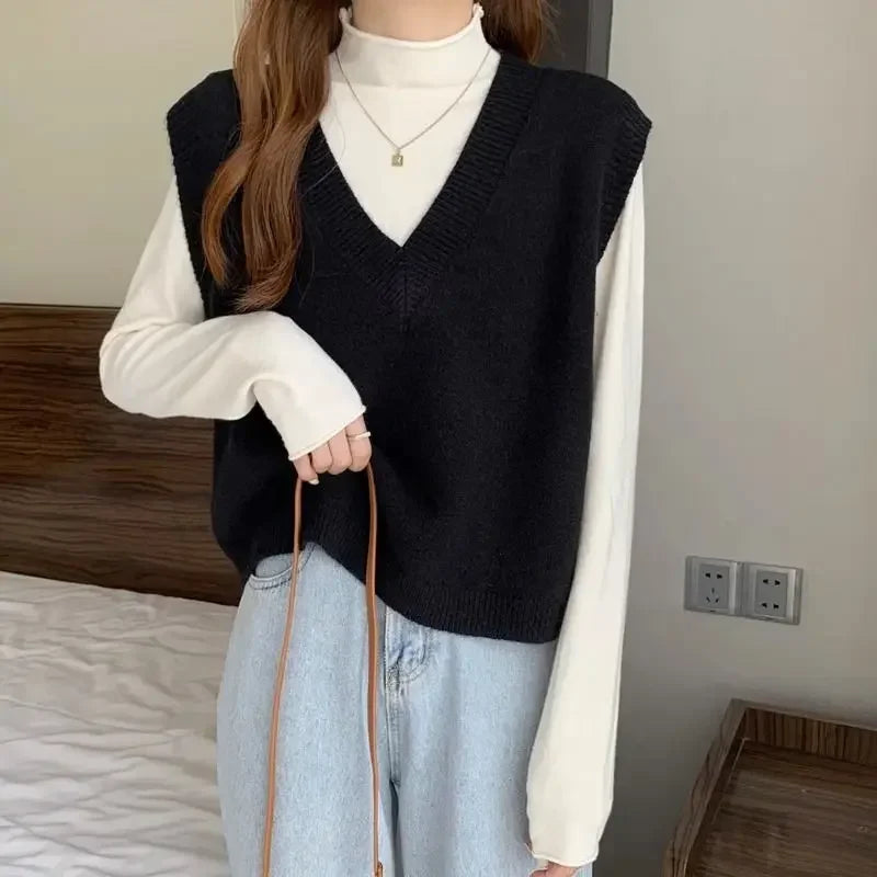 Women's Sweater Yellow Vest Short Knit Tops for Woman Green Crop V-neck Korean Style Winter Thermal Blouse Tall Long Sleeve Warm voguable