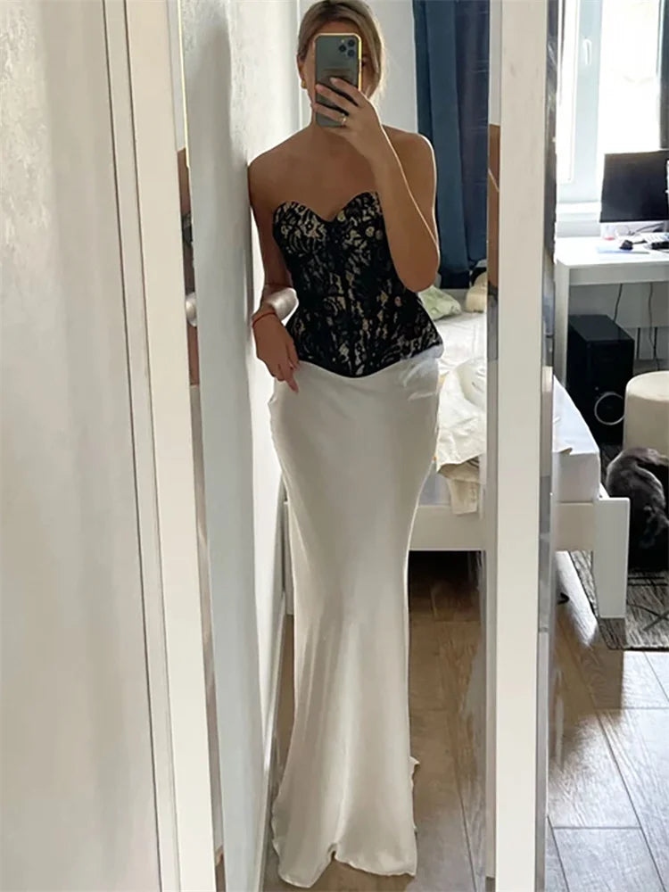 Summer Satin High Waist Long Skirt Female Slim Patchwork Fashion Elegant Streetwear Casual Solid Maxi Skirt Clothes voguable