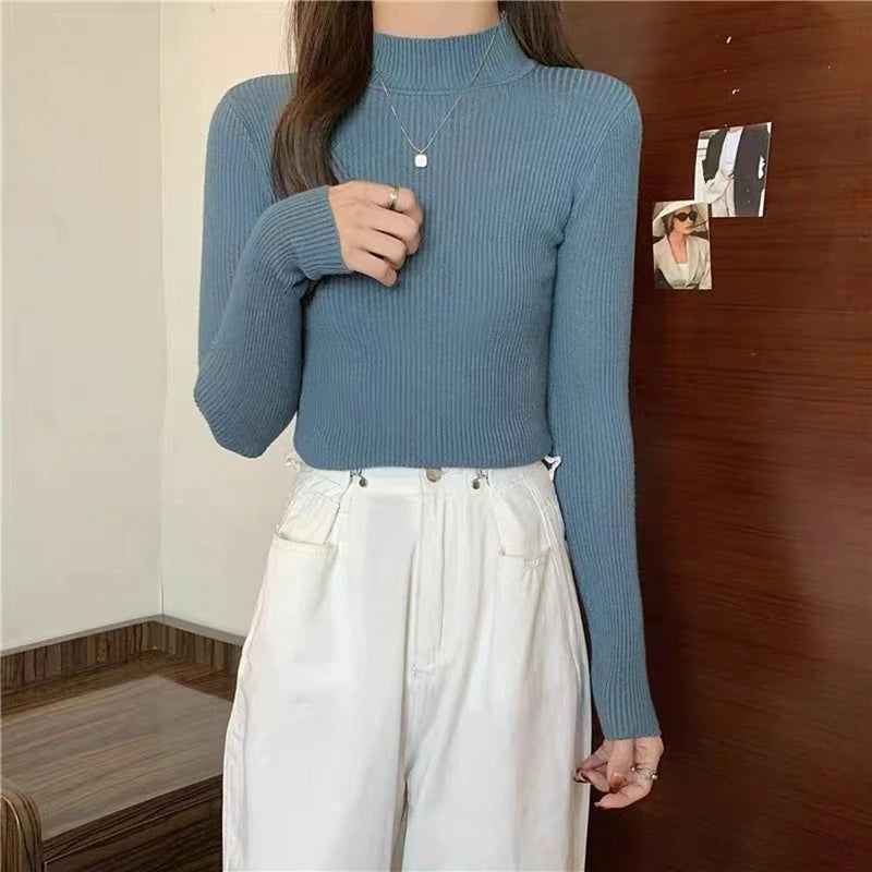 Elegant Solid Basic Knitted Tops Women Turtlneck Sweater Long Sleeve Casual Slim Pullover Korean Fashion Simple Chic Clothes voguable