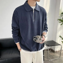 Voguable  Male Clothes Solid Hoodieless Sweatshirt for Men Polo Sweat Shirt Blue Pullover Half Zip Top Streetwear Cotton Winter S Luxury voguable