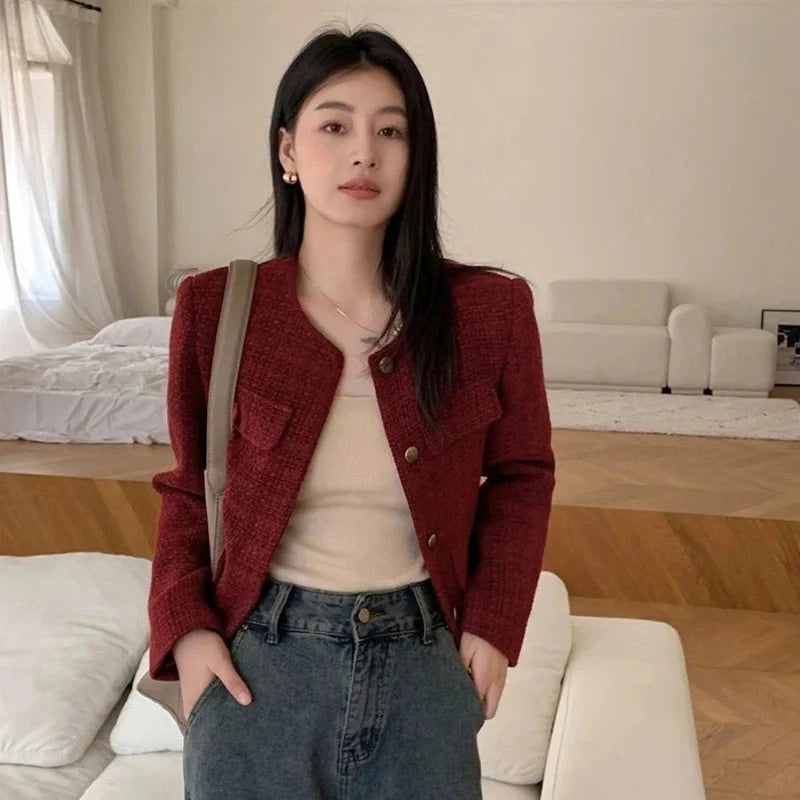 Zoki Women Slim Vintage Jacket Fall Winter Long Sleeve Sweet Elegant Coat French Casual Female O Neck Single Breasted Retro Tops voguable