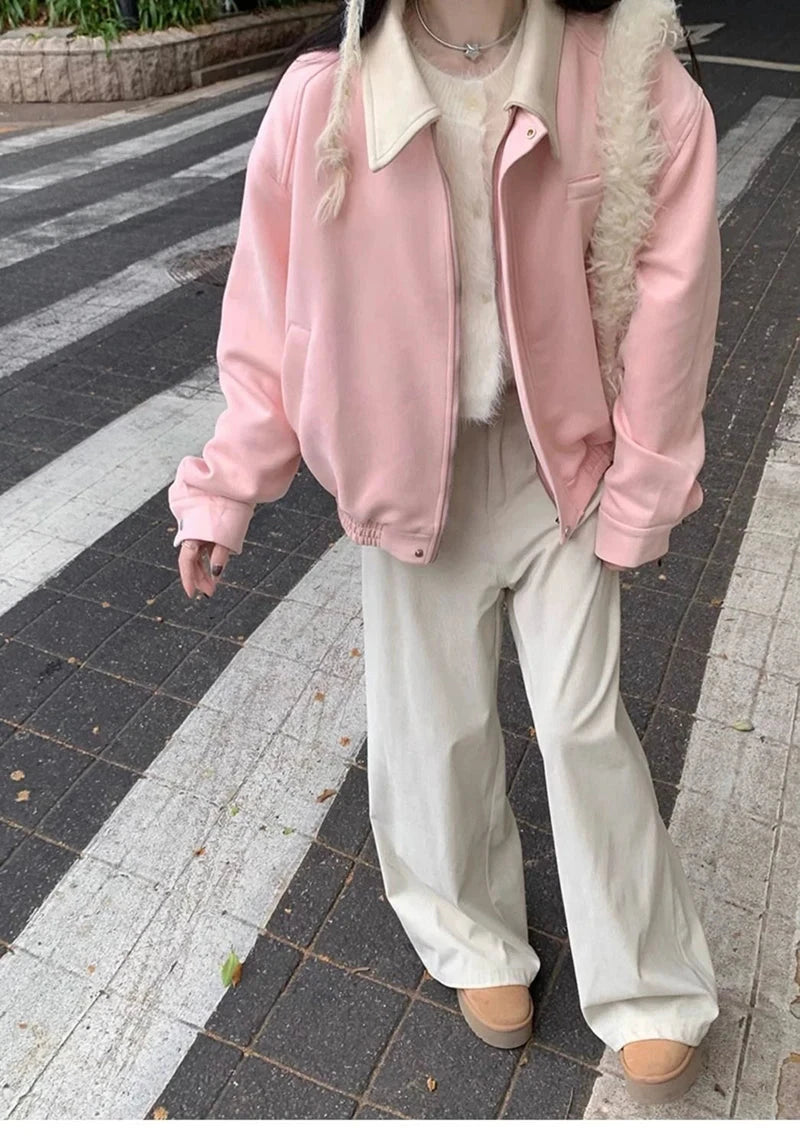 Pink Faux Suede Jacket Women Sweet Long Sleeve Vintage Streetwear Baseball Coat Fall Casual Retro American Y2K Lady Outwear voguable