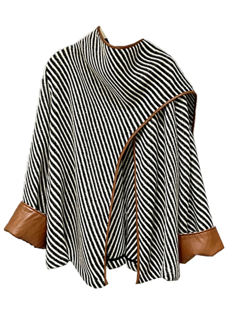 Fashion Women Stripe Wool Jackets Scarf Collar PU Leather Edging Contract Color Loose Shawl Jacket Winter  New voguable