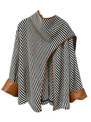 Fashion Women Stripe Wool Jackets Scarf Collar PU Leather Edging Contract Color Loose Shawl Jacket Winter  New voguable