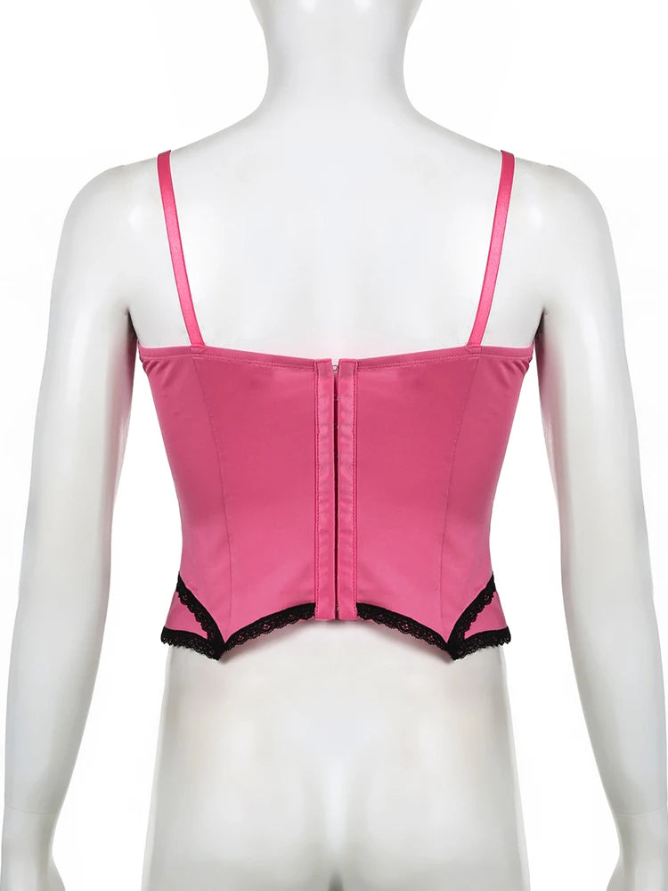 Sweet Bow Stitched Pink Crop Top Vintage y2k Patchwork Sleeveless Striped Print Tees Women Casual Basic Camisole Kawaii voguable