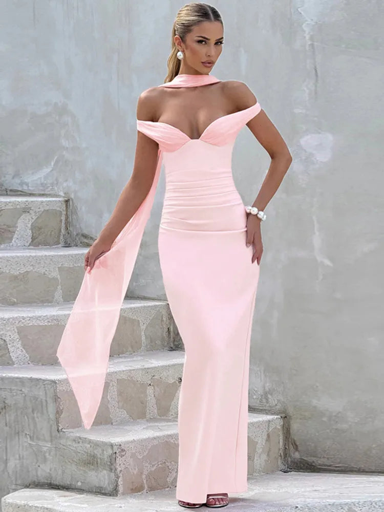 Elegant Off-shoulder Backless Sexy Maxi Dress Women Gown Fashion Scarf Collar Sleeveless Bodycon Club Party Long Dress voguable