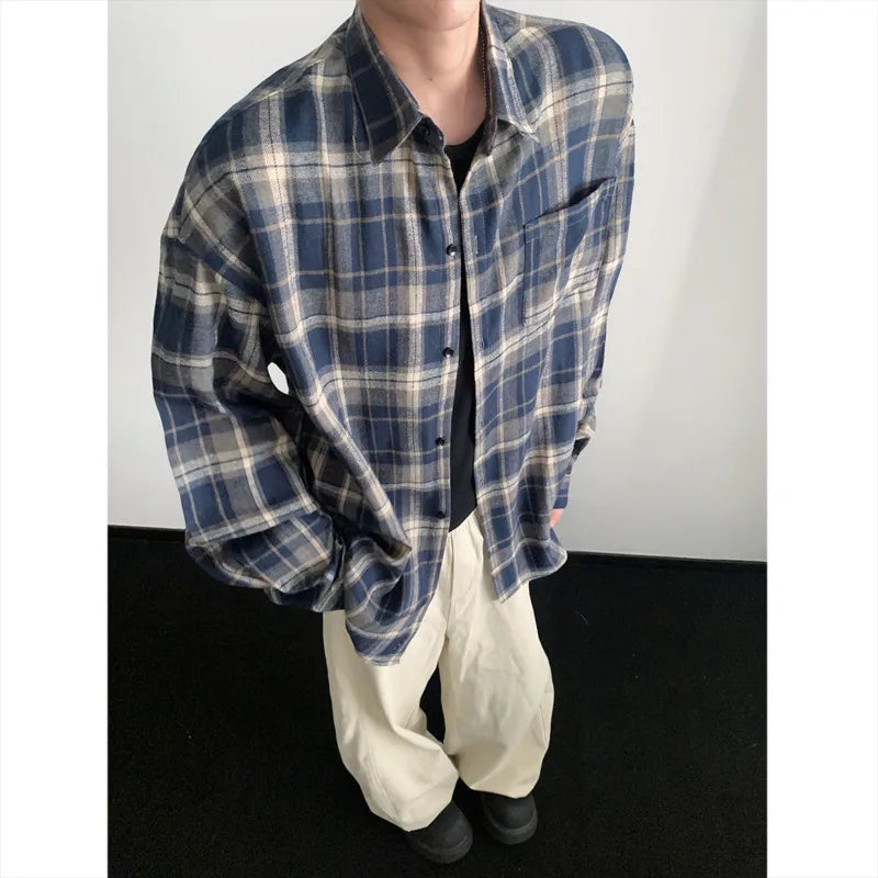 Autumn Long Sleeved Shirt Men Fashion Retro Plaid Shirt Men Japanese Streetwear Loose Brown Casual Shirts Mens Large Size 4XL voguable