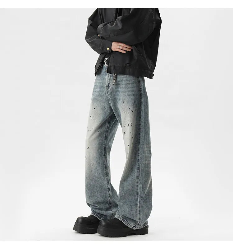 Summer Men's Denim Pants Old Blue Washed Male Jeans Straight fleck Casual Menwear Loose Wide Leg Trousers 2024 New Fashion voguable