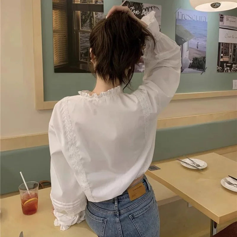 Sexy Slim Cropped White Shirt Women Sweet Lace Patchwork Flare Sleeve Blouse Fashion Fall Ruffled Neck Elegant Korean Chic Tops voguable