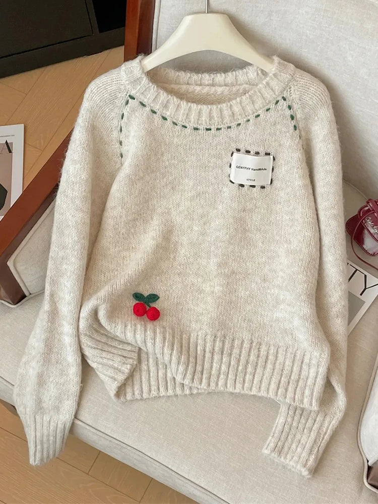 Cute 3D Cherry Sweaters Women Lazy Wind Long Sleeve Knitted Jumpers Japan Loose O Neck Female Kawaii Sweet Pullovers Tops voguable