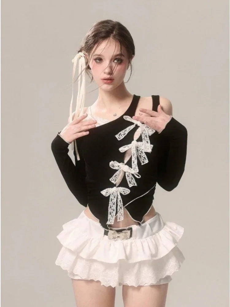 Voguable Summer Women Lace Fake Two Piece Blouse Japanese Style Bow Kawaii Y2k T Shirt Spicy Girl Aesthetics Slim Fashion Tees Chic voguable
