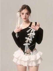 Voguable Summer Women Lace Fake Two Piece Blouse Japanese Style Bow Kawaii Y2k T Shirt Spicy Girl Aesthetics Slim Fashion Tees Chic voguable
