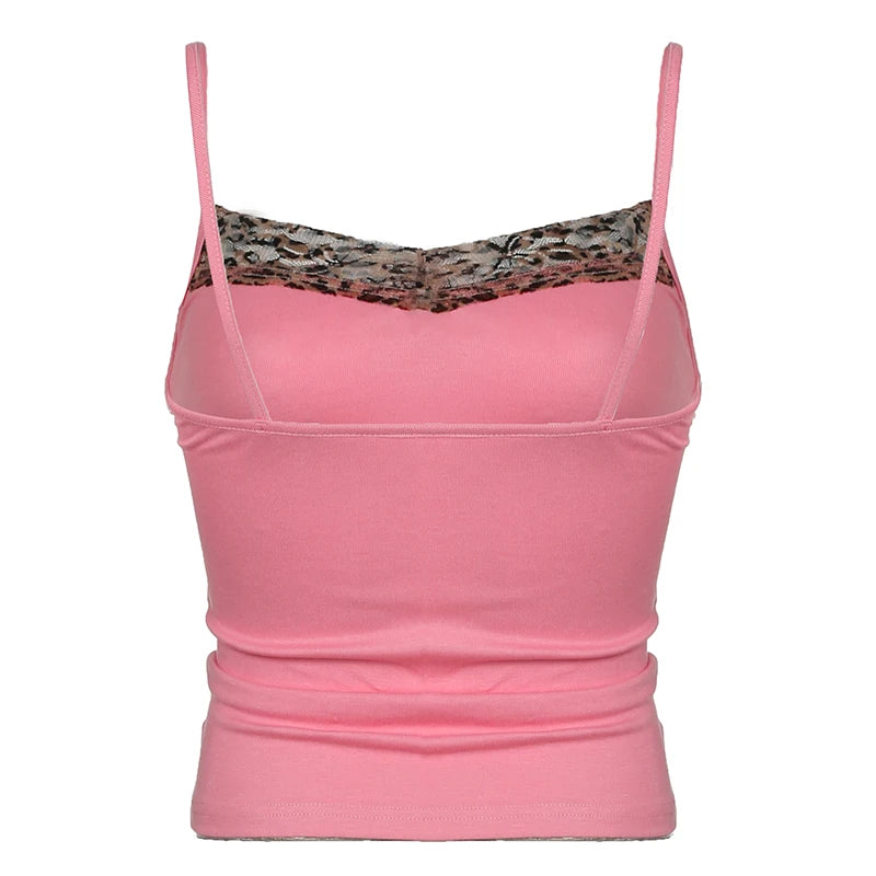 Voguable Coquette Contrast Leopard Print Patchwork Cami Women Y2K Aesthetic Bow Appliques Spaghetti Straps Tops Sexy Slim-fit voguable