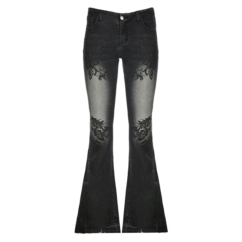 Voguable Streetwear y2k Flare Jeans Distressed 2000s Floral Print Low Rise Slim Denim Pants Korean Women Trousers Retro Mom Jeans voguable