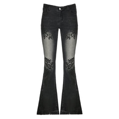 Voguable Streetwear y2k Flare Jeans Distressed 2000s Floral Print Low Rise Slim Denim Pants Korean Women Trousers Retro Mom Jeans voguable