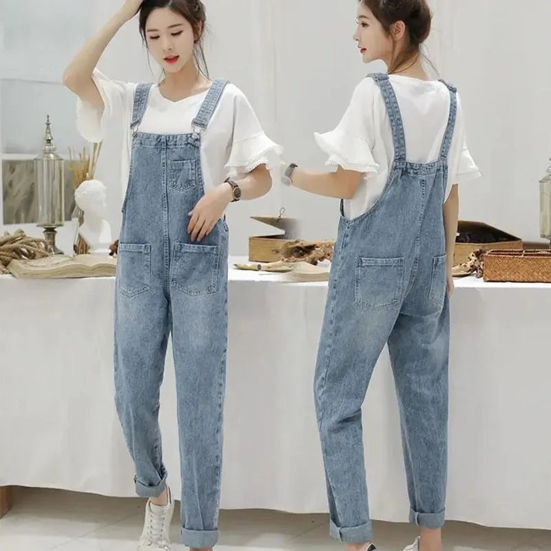 Voguable  Washed Denim Jumpsuit Women Casual High Waist Blue Wide Leg Pants Female 2024 Spring Korean Loose Pockets Jean Overalls voguable