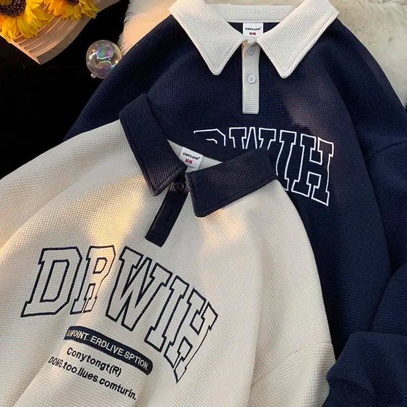 Voguable Hip Hop Brand Letter Waffle Cotton POLO Shirt Sweatshirt Women Girls Loose Casual Winter Clothes Korean Fashion Pullover Student voguable