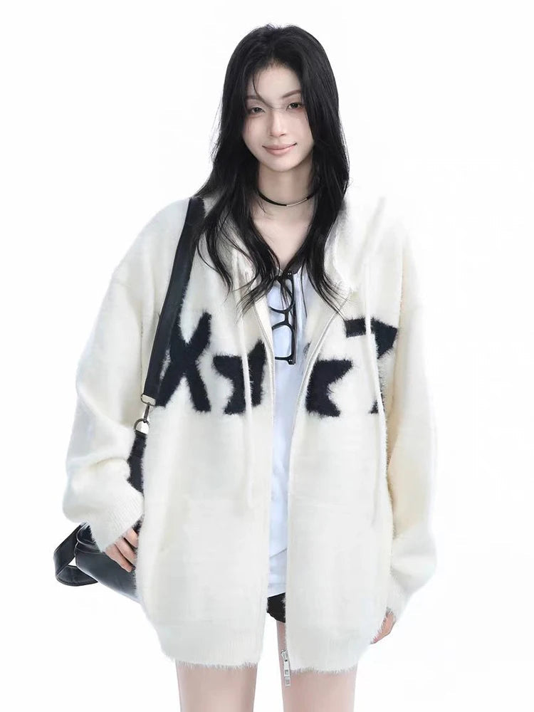 Faux Mink Cashmere Y2K Cardigan Sweater Women Streetwear American Vintage Knitted Hooded Jackets Hip Hop Star Letter Bf Tops New voguable