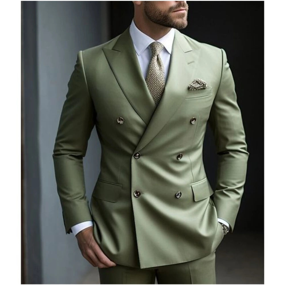 Voguable Sage Green Men's Wedding Suits Solid Color 2 Piece Daily Plus Size Double Breasted Six-buttons Formal Business Suits voguable