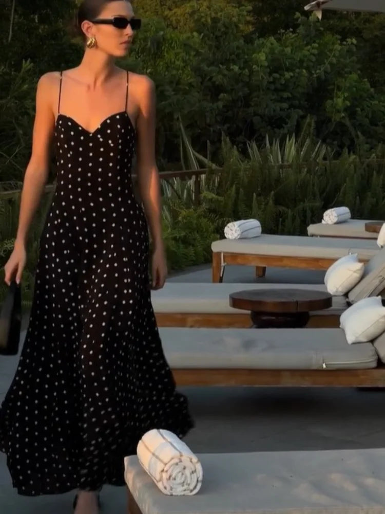 Polka Dot Printed Spaghetti Strap Long Robes Summer Classic High-waist A-line Party Dress Lasy Streetwear Maxi Dresses voguable