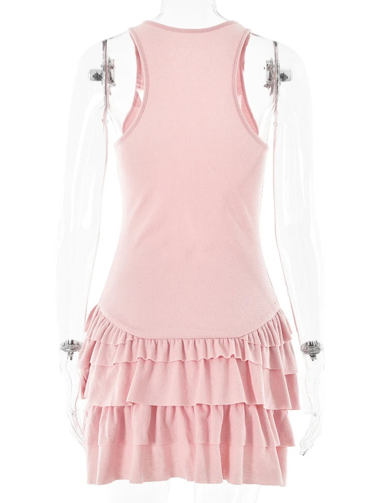 Ruffled Summer Fashion Mini Dress For Women Patchwork Slim Tee Bow Solid Sleeveless Dress Women's White Bodycon Dress New voguable