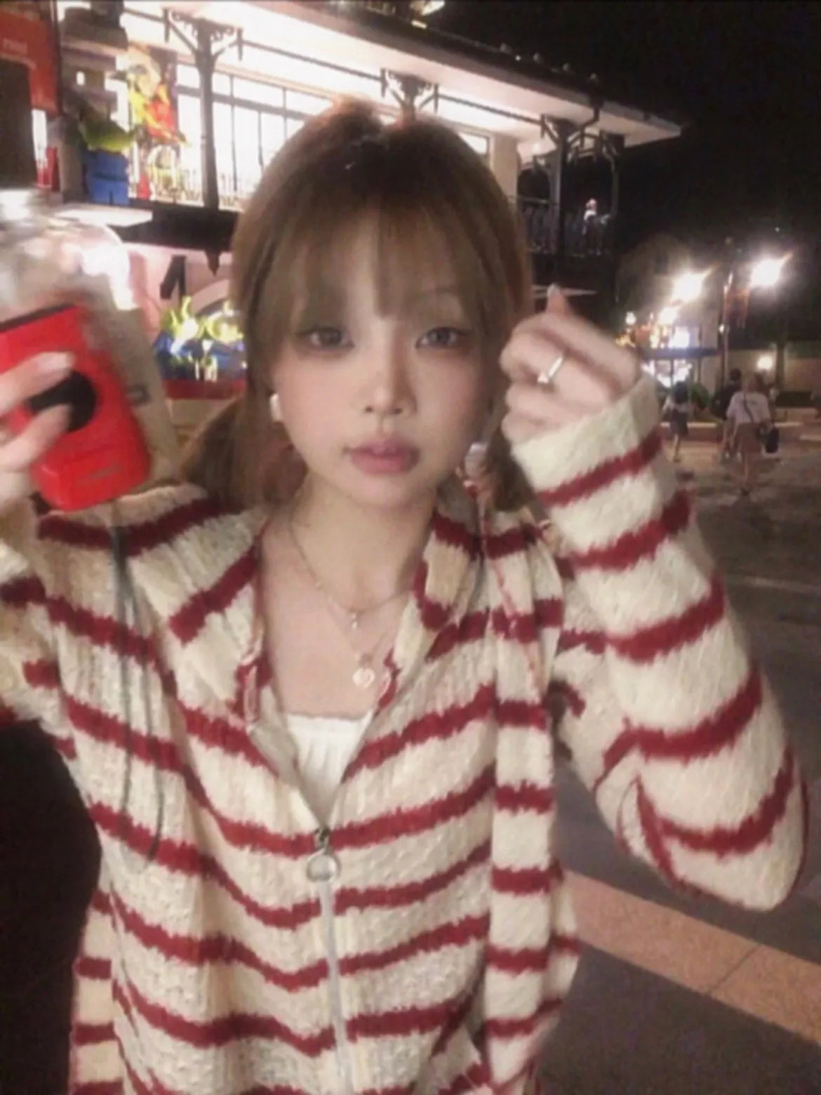 Japanese Y2k Hooded Cardigan 2000s Aesthetics Rabbit Ears Zipper Knitwear Vintage Harajuku Red Stripe Sweater Grunge voguable