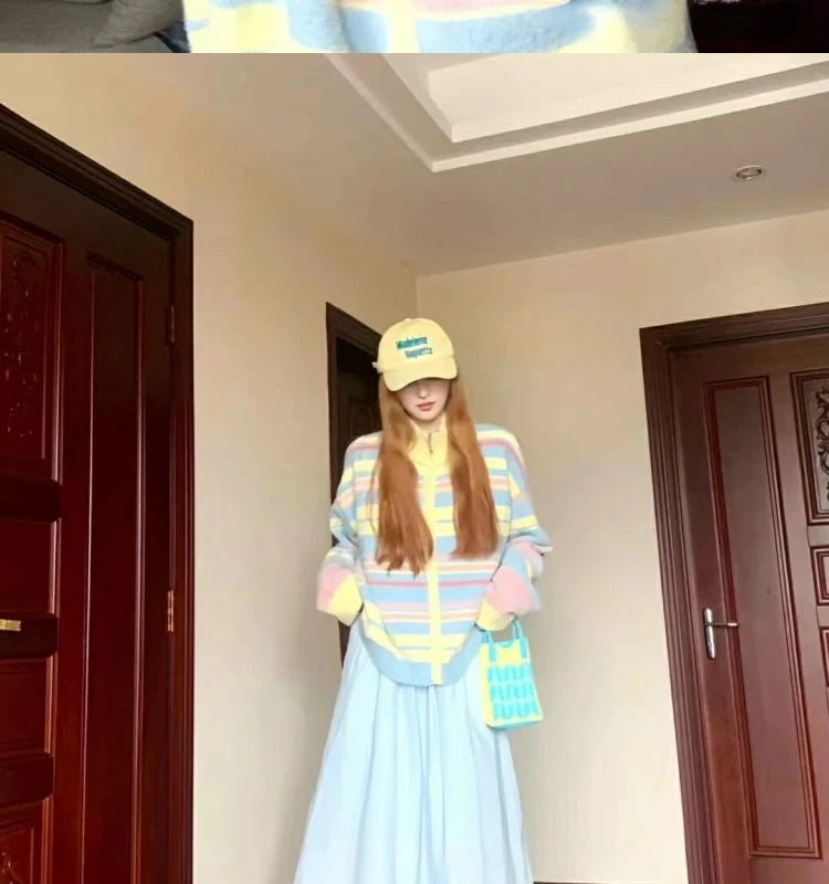 Striped Knit Splice Zipper Stand-UP Collar Sweater Autumn Winter Oversized Pullover Knitwear Women Soft Sweet Simple Cardigan voguable