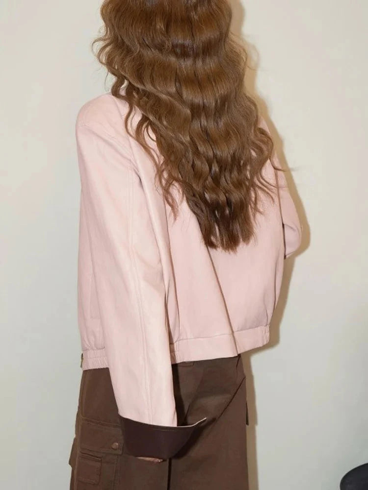 Pink Vintage Biker Pu Jacket Women Long Sleeve American Casual Y2K Coat Fall Winter Moto Female O Neck Streetwear Retro Top voguable