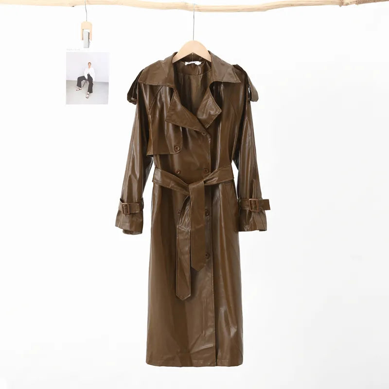 Leather Long Jacket Women Autumn Winter Oversize Lapel Long Sleeve Street Female Coat Belt Double Breasted Loose PU Coats
