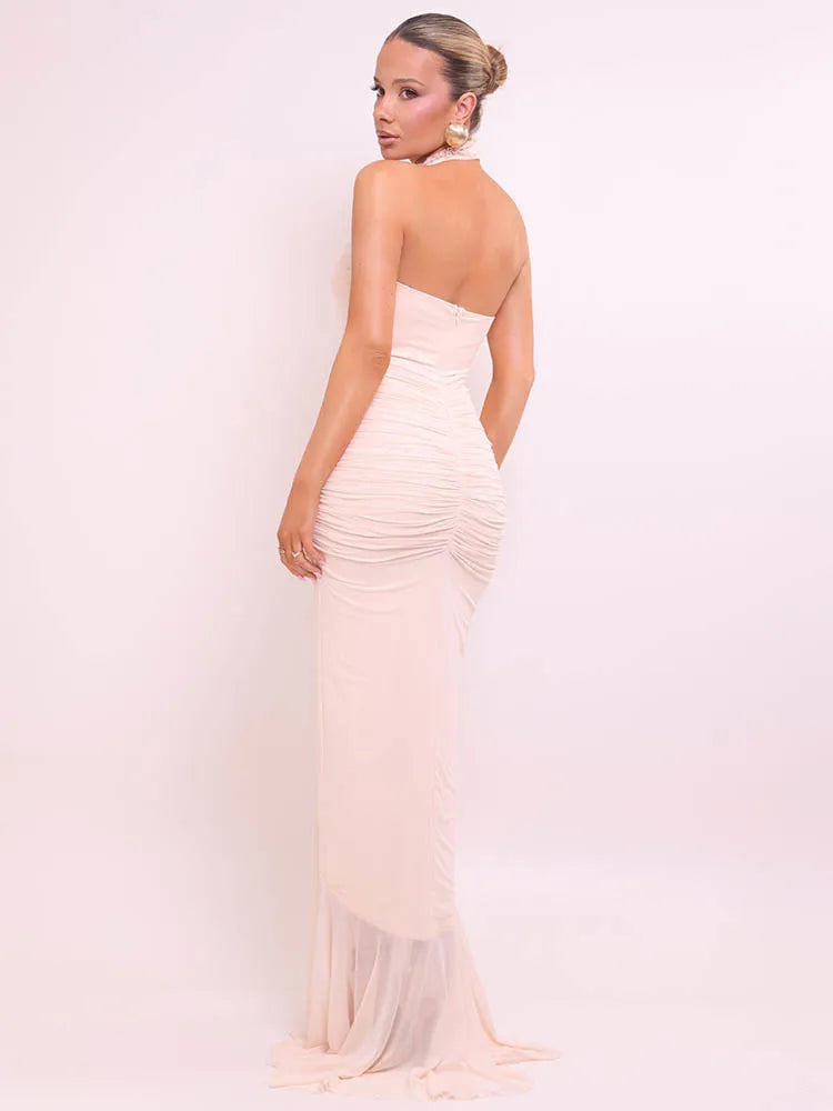 Halter V Neck Backless Sexy Maxi Dress Women Gown Fashion Sleeveless Draped Ruched Ruffle Club Party Long Dress Elegant voguable