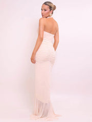 Halter V Neck Backless Sexy Maxi Dress Women Gown Fashion Sleeveless Draped Ruched Ruffle Club Party Long Dress Elegant voguable