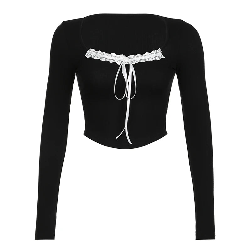 Voguable  Y2K Lace Ribbons Lace-up Bow Cropped Top Pink Cute Casual Basic Irregular Knitted Tops Coquette Aesthetic Slim-fit Tees voguable