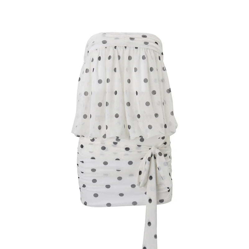 Voguable  Women's Vintage Polka Dot Chiffon Mesh Mini Dress Strapless Pleated Tie Up Bowkont Sheath Cute Girl Night Club Vestidos voguable