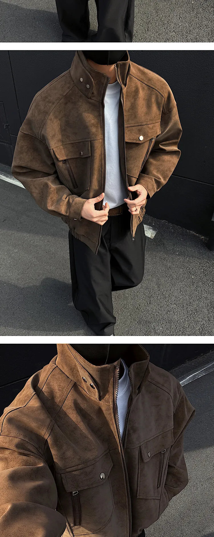 Mens Short Stand Collar Motorcycle Jacket Patchwork Cargo Biker Coat Spring Outdoor Riding Fashion Streetwear Urban Trendy voguable
