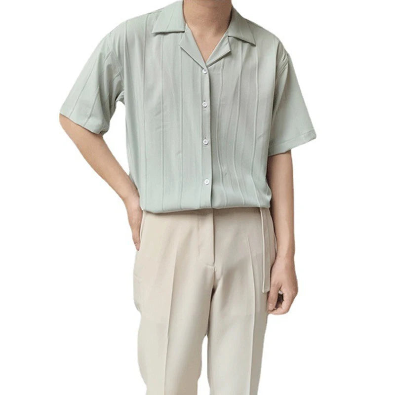 Summer Clothing Men's Light Luxury Draped Shirts Retro Leisure Korean Popular Clothes Button-down Short Sleeve Solid Color voguable