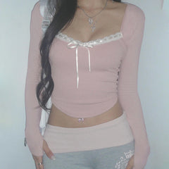 Voguable  Y2K Lace Ribbons Lace-up Bow Cropped Top Pink Cute Casual Basic Irregular Knitted Tops Coquette Aesthetic Slim-fit Tees voguable