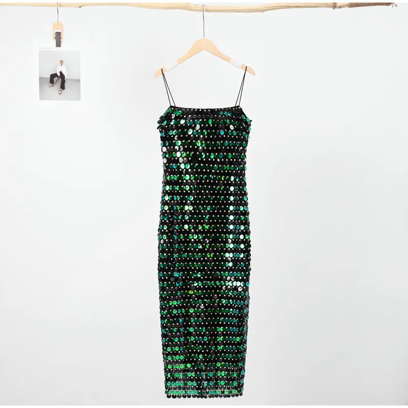 Sequined Tube Top Strap Dress Women Sexy Sleeveless Slim Solid Straight Long Vestidos Fashion Backless Slip Split Evening Robe voguable