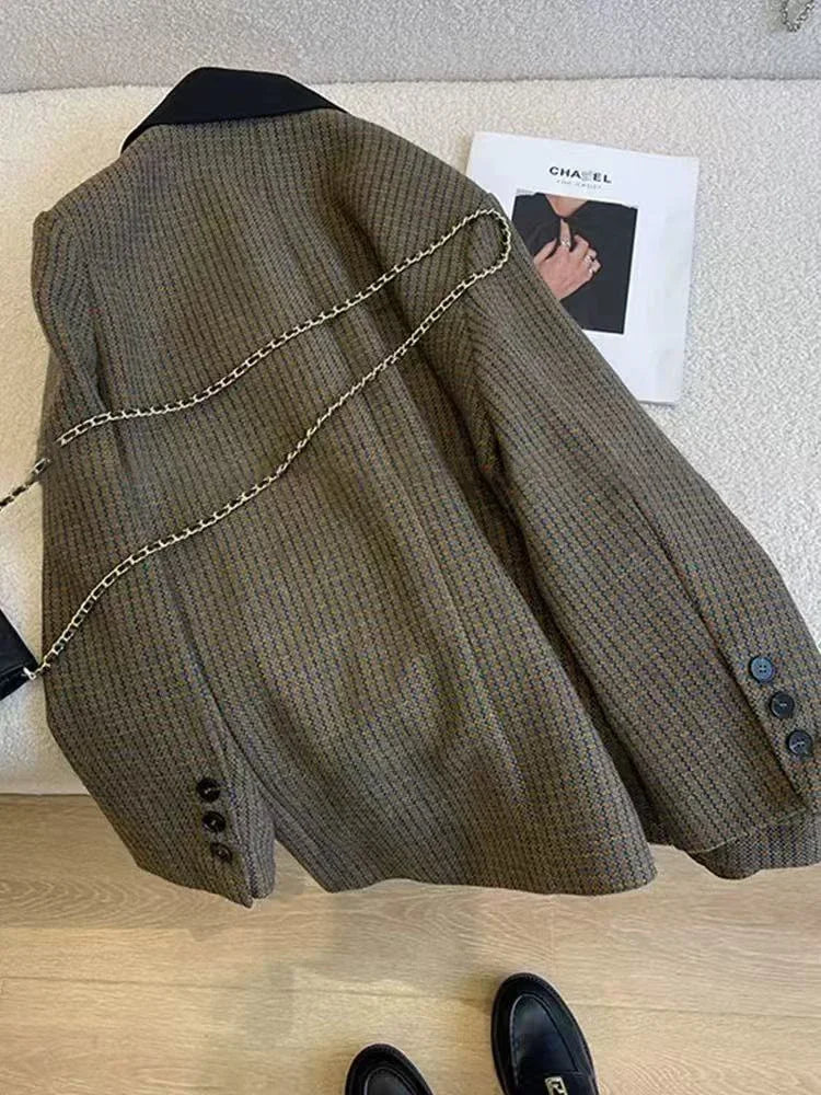 Houndstooth Faux Wool Blazer Women Autumn Korean Loose Double-Breasted Casual Coat Y2K Female Long Sleeve Lapel Suit Jacket new voguable