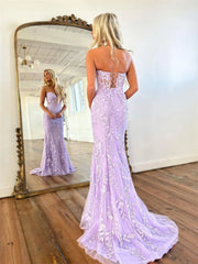 Voguable   Lilac Lace Embroid Evening Dress Sexy Mermaid Prom Dress Strapless Fishtail Party Dress Trumpet voguable