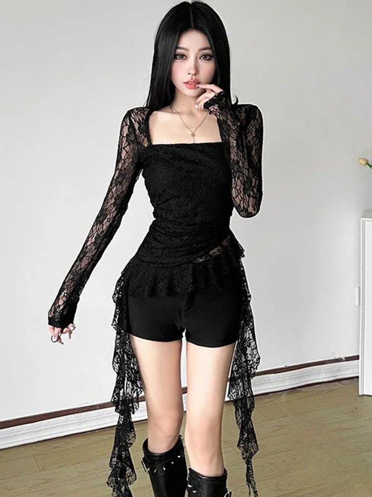 Y2K Ruffles Lace T Shirts Women Sexy Slim Long Sleeve Streetwear Tops Fashion Square Collar Irregular Design Female Tees voguable
