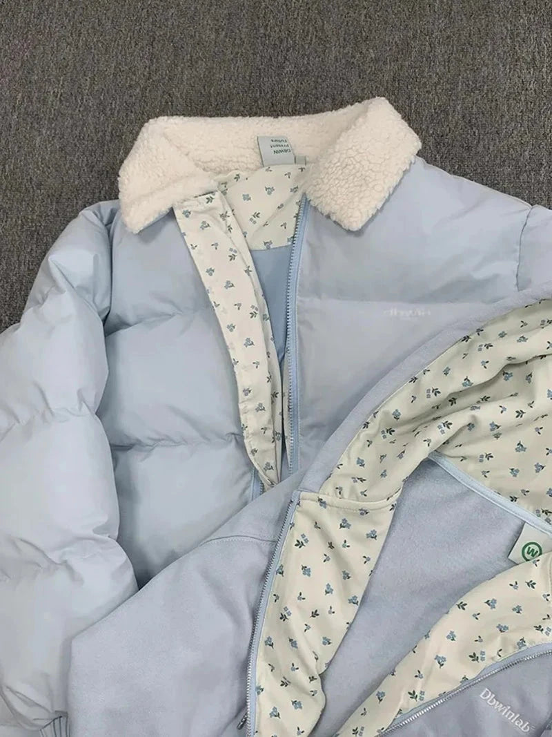 Blue Floral Patchwork Parkas Women Korean Sweet Winter Warm Puffy Coat Casual Long Sleeve Loose Preppy Style Cotton Jacket voguable